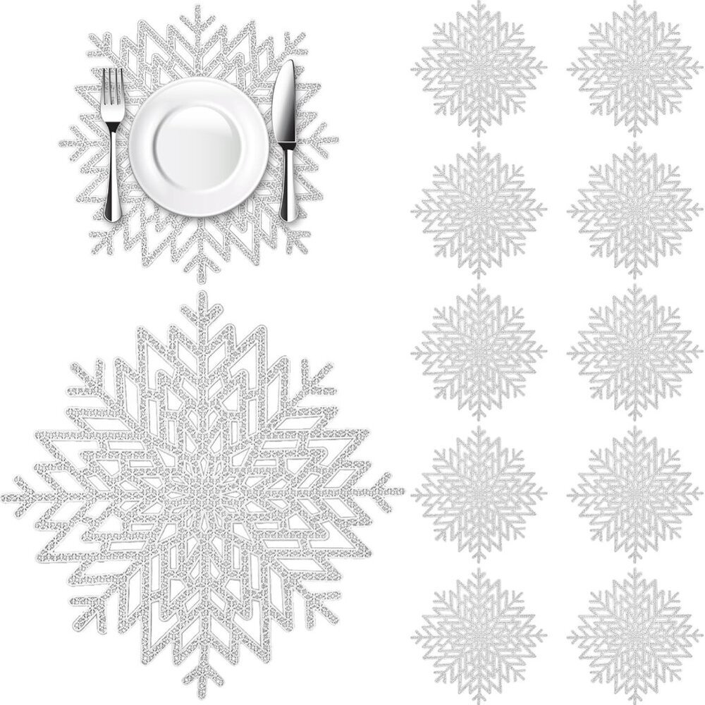 Snowflake Placemats Sets of 12 Silver Table Mats Hallow-Out Heat-Resistant for C